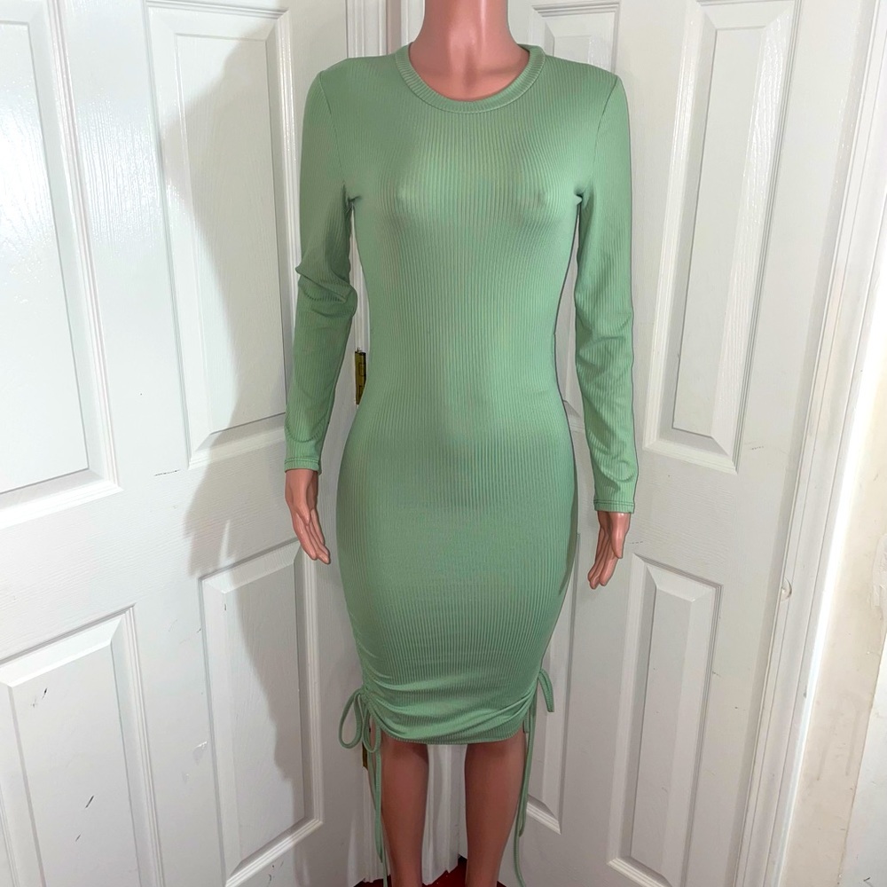 Ribbed Stretch Drawstring Long Sleeve Midi Dress